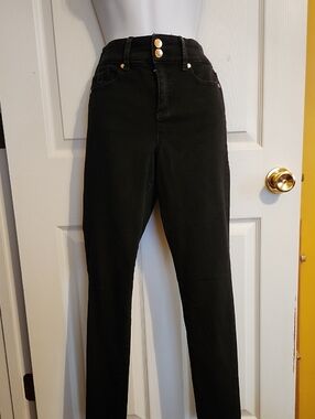 Anne Klein High-Rise Skinny Black Jeans with Gold Buttons